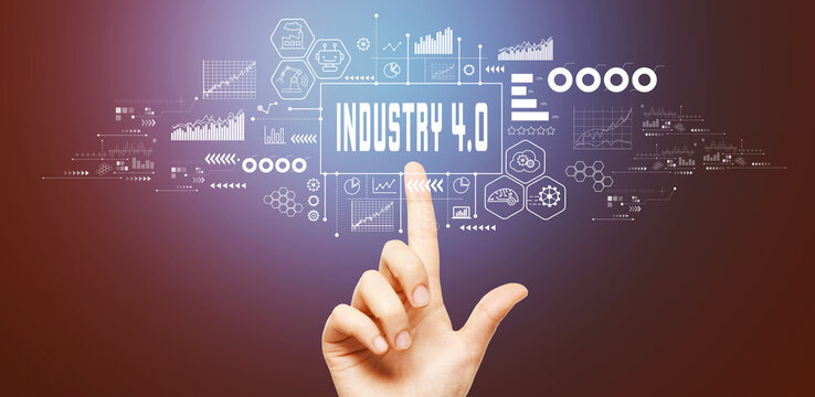 Industry 4.0 theme with hand pressing a button on a technology screen