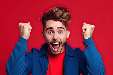 Portrait of handsome man who received amazing news, looking at camera, raising arm in winners gesture and screaming yeah on red background, created with Generative AI