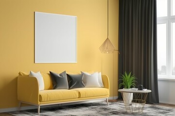 Modern composition of living room interior with yellow sofa, mock up poster without text, on yellow background, plants and personal accessories in home decor. ai generated.