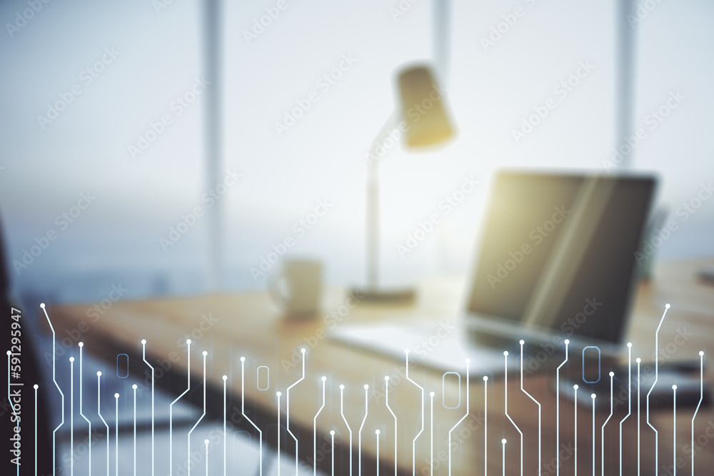 Aufkleber creative abstract micro circuit sketch on modern laptop background, future technology and ai concept