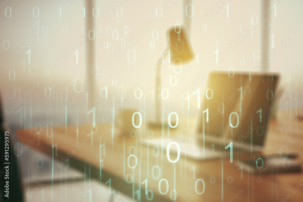 Fototapete creative abstract binary code hologram on modern computer background, ai and machine learning concep