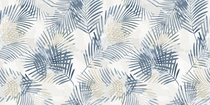 Watercolor palm leaves seamless vector pattern. Exotic leaves background, textured jungle print