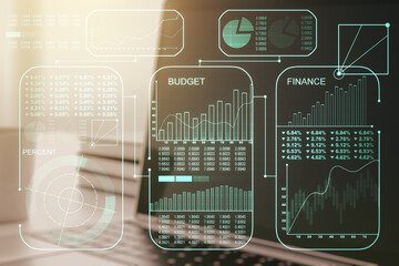 Double exposure of abstract creative statistics data hologram on laptop background, statistics and analytics concept