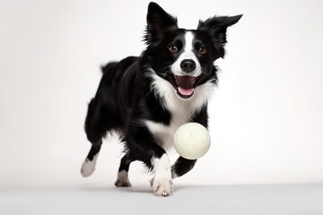 A playful, action shot of a dog happily catching a toy ball, capturing the canine's energy, agility, and love for playtime on white background. Generative AI