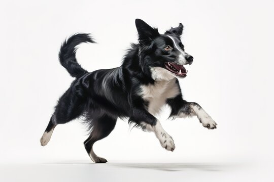 A playful, action shot of a dog happily catching a toy ball, capturing the canine's energy, agility, and love for playtime on white background. Generative AI