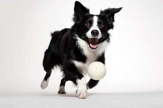 A Playful, Action Shot Of A Dog Happily Catching A Toy Ball, Capturing The Canine's Energy, Agility, And Love For Playtime On White Background. Generative AI