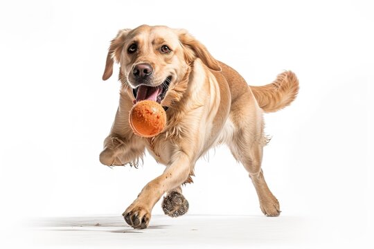 A Playful, Action Shot Of A Dog Happily Catching A Toy Ball, Capturing The Canine's Energy, Agility, And Love For Playtime On White Background. Generative AI