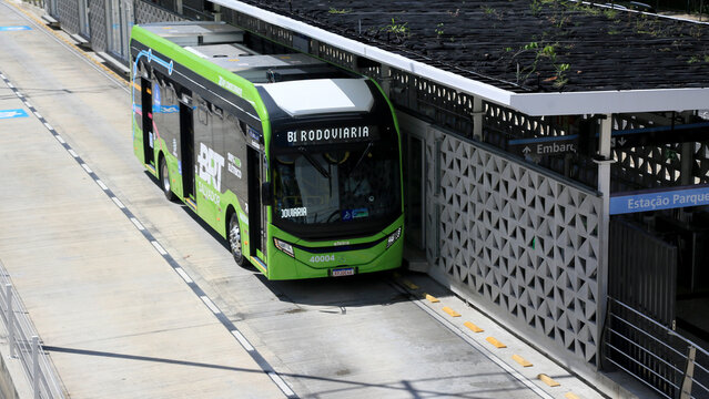 salvador, bahia, brazil - april 10, 2023: bus of the BRT system of transport in the city of Salvador.