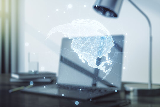 Digital America map on modern computer background, global technology concept. Multiexposure