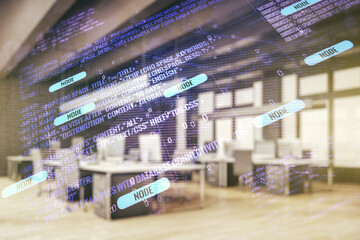 Double exposure of abstract creative programming illustration and world map on a modern furnished office interior background, big data and blockchain concept