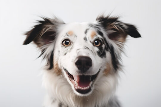 A close-up, heartwarming image of a dog's smiling face, showcasing its expressive eyes and joyful expression, set against a white background. Generative Ai.