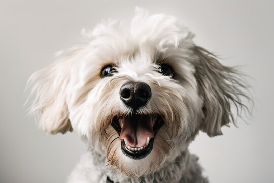 A close-up, heartwarming image of a dog's smiling face, showcasing its expressive eyes and joyful expression, set against a white background. Generative Ai.