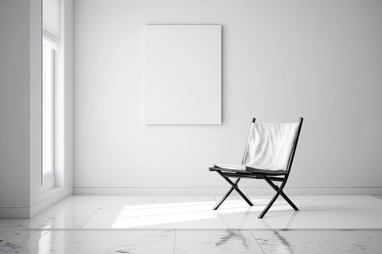 Minimalist White Room with Empty Picture Frame and Modern Chair. Generative AI