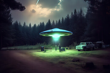 flying saucer Alien abduction scene over a campsite