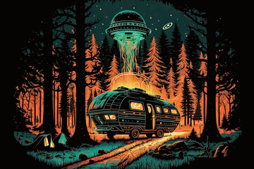 flying saucer Alien abduction scene over a campsite