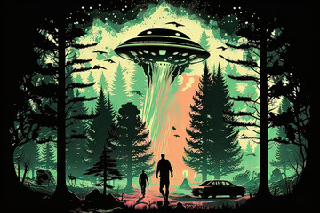 flying saucer Alien abduction scene over a campsite