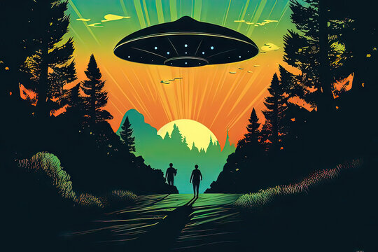 flying saucer Alien abduction scene over a campsite