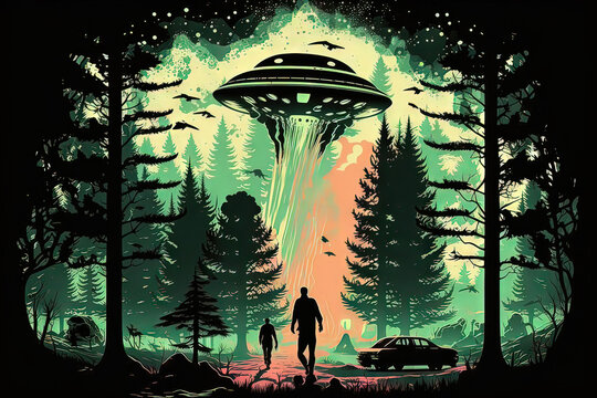 flying saucer Alien abduction scene over a campsite