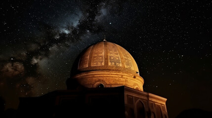 Dome of an old Mosque in the Night with stars on the Sky . Generative ai