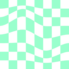 Psychedelic pattern with warped green and white squares. Distorted chess board background. Checkered optical illusion. Plaid or flag texture. Dizzy checkerboard surface