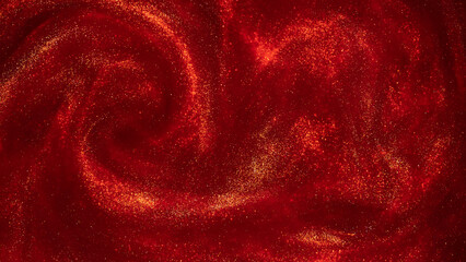 Swirls of Gold Dust Particles in Red Liquid.