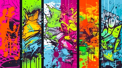 Fototapeten Abstract graffiti poster with colorful tags, paint splatter, scribbles and fragments, generative AI. © puhimec