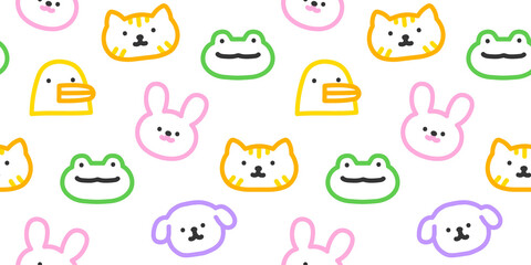 Colorful funny animal face doodle seamless pattern. Cute happy animals in simple children art style background illustration.