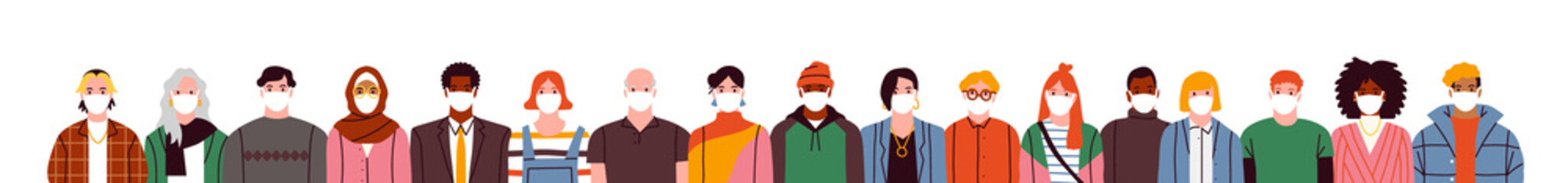 Obraz premium Big diverse people crowd wearing face mask on isolated white background. Young and old adult characters in flat cartoon style. Disease prevention or air pollution protection concept.
