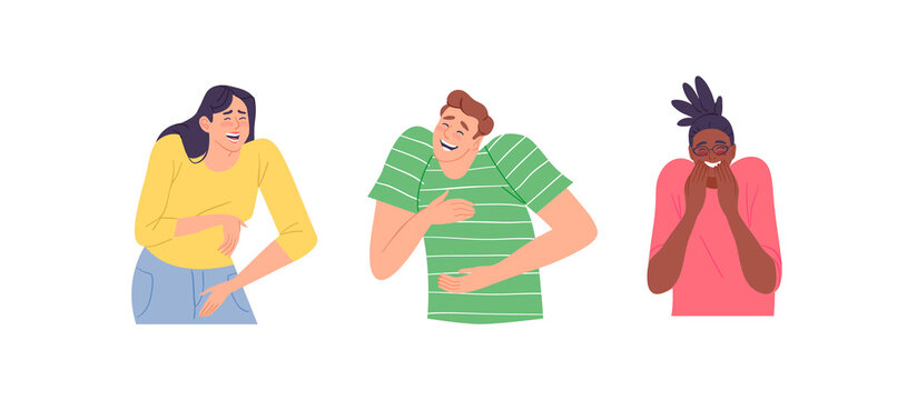 Set of diverse young people laughing at something funny. Man and woman characters crying of laughter in modern flat cartoon style. Funny social reaction collection.