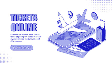 Tickets online concept. Airplane on big screen of smartphone. Travel, trip and adventure, tourism and flights. Online shopping and electronic transactions. Cartoon isometric vector illustration