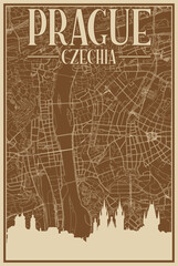 Colorful hand-drawn framed poster of the downtown PRAGUE, CZECHIA with highlighted vintage city skyline and lettering