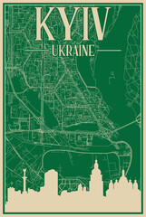 Colorful hand-drawn framed poster of the downtown KYIV, UKRAINE with highlighted vintage city skyline and lettering