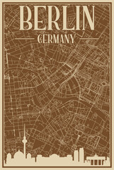 Colorful hand-drawn framed poster of the downtown BERLIN, GERMANY with highlighted vintage city skyline and lettering