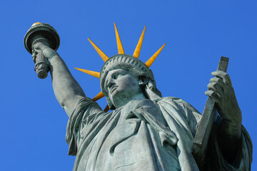 Fototapeta premium Detail of the Statue of Liberty on the Island of Swans in the center of the Seine river in Paris, France - Facing west, this copper sculpture is a gift from the American community in Paris