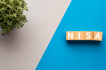 There is wood cubes with the word NISA. It is an abbreviation for Nippon Individual Savings Account...