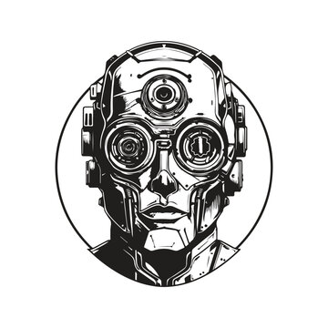 cyborg, vintage logo concept black and white color, hand drawn illustration