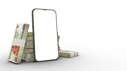 3D rendering of a mobile phone with  blank screen and stacks of Egyptian pound notes behind isolated on transparent background. - obrazy, fototapety, plakaty