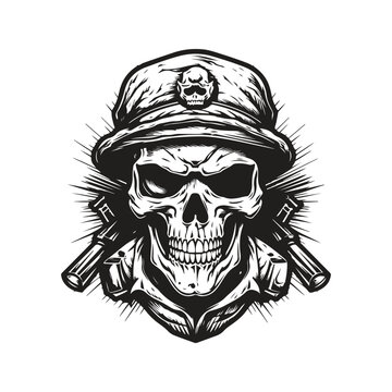 skull soldier, vintage logo concept black and white color, hand drawn illustration