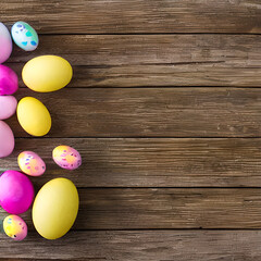 Naklejka premium Happy Easter. Congratulations easter background. Easter eggs and chick. Background with copy space. 