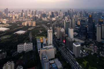aerial photos of Sudirman street and Jakarta Skyline in the golden hour. 