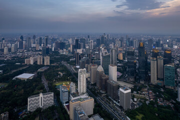aerial photos of Sudirman street and Jakarta Skyline in the golden hour. 
