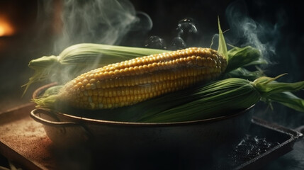 Boiled corn at home, juicy and fresh corn cob. Created by ai.