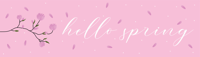 Banner with blooming branch and text HELLO, SPRING on pink background