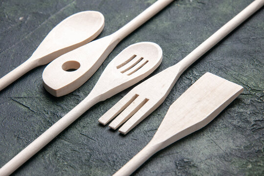 front view plastic utencils on dark background knife photo fork kitchen plastic dinner spoon cutlery food