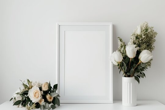 simple and elegant home decor featuring a white vase with flowers and a matching picture frame. Generative AI