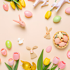 Happy Easter. Congratulations easter background. Easter eggs and chick. Background with copy space. 