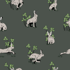 Powtarzalny leśny wzór. Zające i koniczyna. Dzikie króliki na zielonym tle. Ilustracja wektorowa.	 - obrazy, fototapety, plakaty