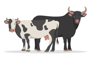 Black and white Cow and black Bull. Best Beef Cattle Breeds. Dairy cattle. Farm animal family. Vector flat or cartoon icon illustration isolated on white backfround.