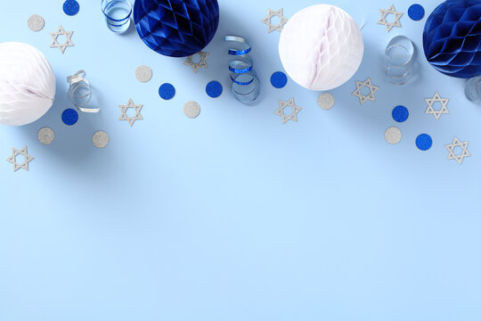 Jewish decorations on blue background. Israel Independence Day, Rosh Hashanah, Sukkot, Hanukkah holidays banner design.