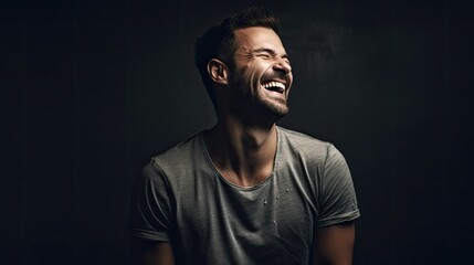 Portrait of a fictional male model with a beard, laughing candidly, isolated in a studio. Generative AI illustration.